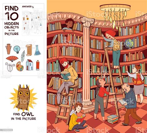 Great Library Hall Find Owl Find 10 Hidden Objects Stock Illustration ...