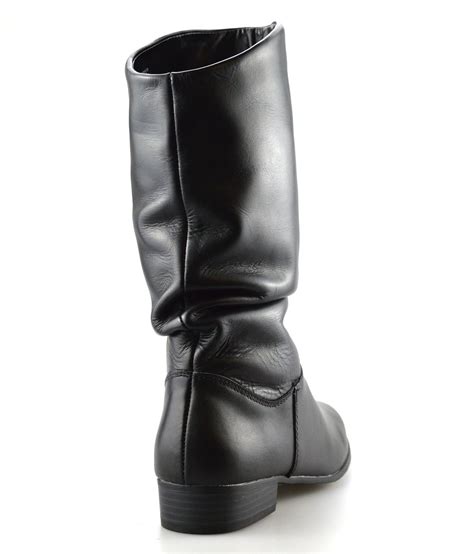 Ladies Womens New Leather Mid Calf Low Flat Heel Slouch Riding Boots
