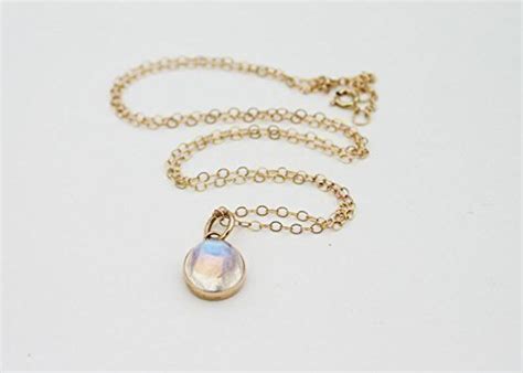 Gold Moonstone Necklace 14k Solid Gold Rainbow Moonstone Small Round