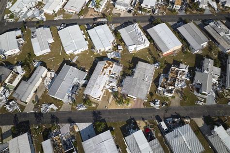 Badly Damaged Mobile Homes After Hurricane Ian In Florida Residential