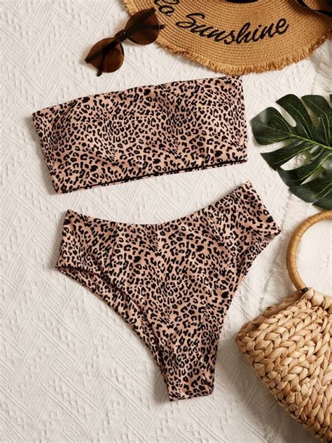 Shein Swim Vcay Leopard Bandeau High Waisted Bikini Swimsuit Shein Usa