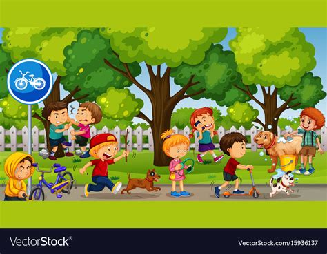 Park Scene With Kids Playing And Fighting Vector Image