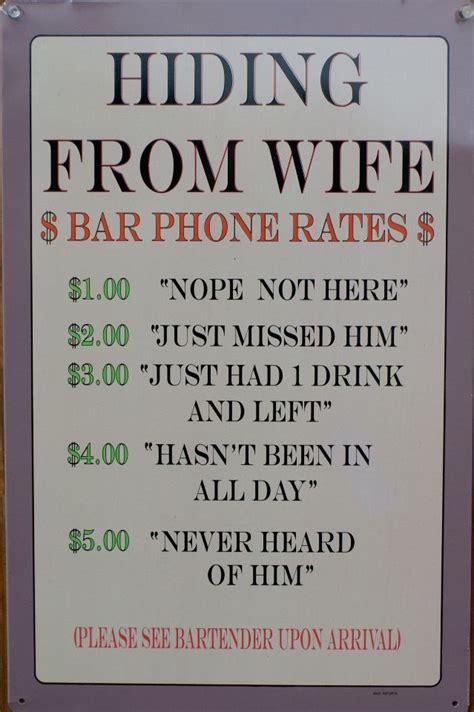 Pin Hiding From Wife Bar Phone Rates Tin Metal Sign Bartender Humor