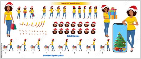 christmas santa girl character design model sheet with walk cycle and