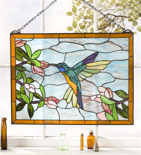Stained Glass Hummingbird Art Panel With Metal Frame And Chain Wind