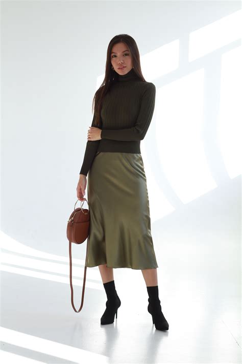 Olive Silk Skirt Midi Long For Women Stretch Silk Skirt Satin Slip Silk
