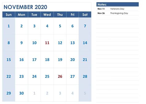 Editable November 2020 Calendar With Holidays Calendar Word Blank