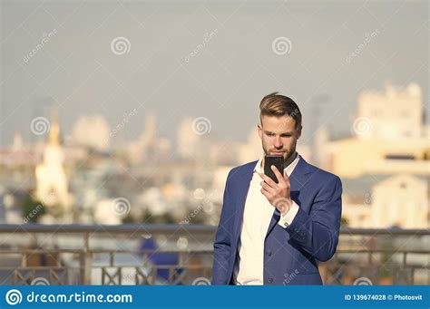 Businessman Serious Face Received Important Message, Skyline Background. Message Concept. Man In ...