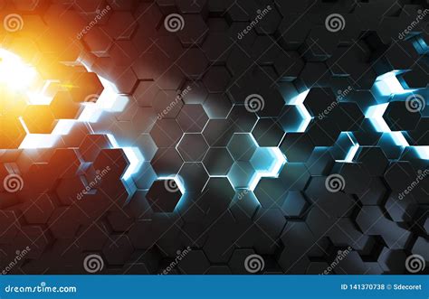Glowing Black Blue And Orange Hexagons Background Pattern On Metal