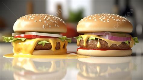 Two Burgers With Cheese And Sauce On A Surface Background 3d Burgers