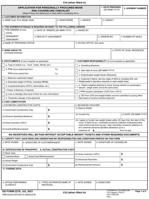 Dd Form 2278 Application For Personally Procured Move And Counseling