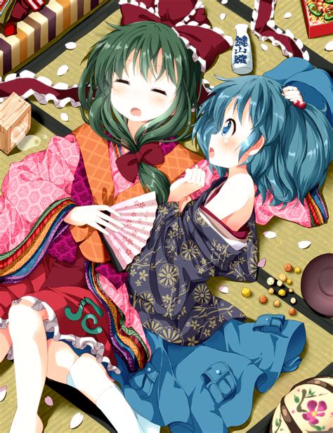 Ruu Tksymkw Kagiyama Hina Kawashiro Nitori Touhou Hand On Head Highres 2girls Adapted