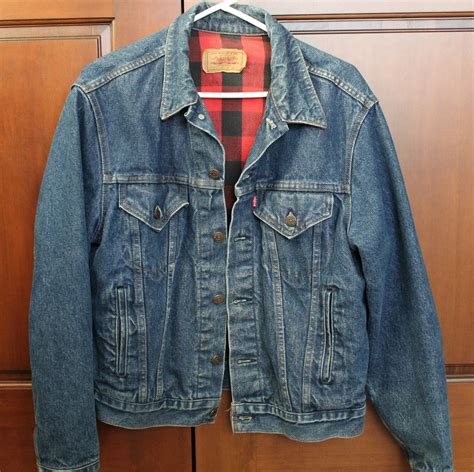 Vintage Levi Trucker Jacket Plaid Flannel Lined Denim Jean Jacket Sz 44