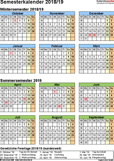 Semesterkalender 201819 Für Excel Zum Ausdrucken