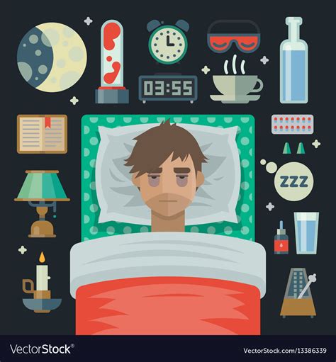 Young Man With Sleep Problem Insomnia And Items Vector Image