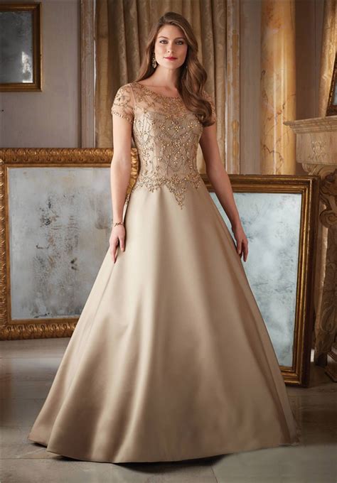 Gorgeous A Line Long Gold Satin Tulle Beaded Formal Occasion Evening