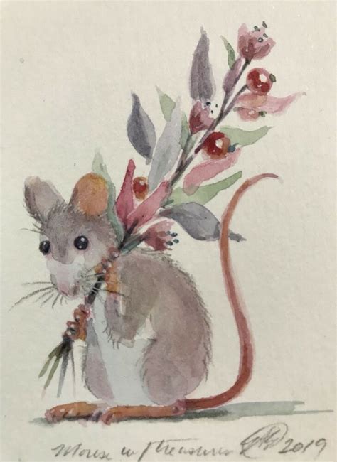 Mice Aceo Original Painting Mouse Flower Art Artwork Originals Listed