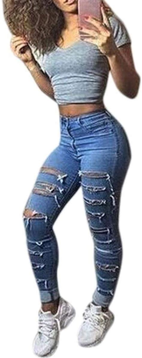 Anaisy Frauen Denim Blue Stretch Jeans Skinny Hosen Zerrissene