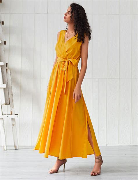 Womens Swing Dress Maxi Long Dress Yellow Long Sleeve Solid Color