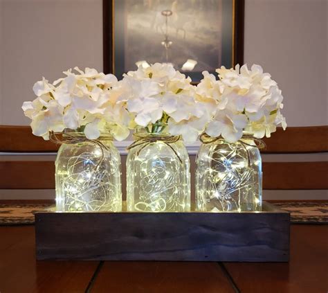 Mason Jar Centerpiece With Lights Farmhouse Table Decor Etsy In 2020