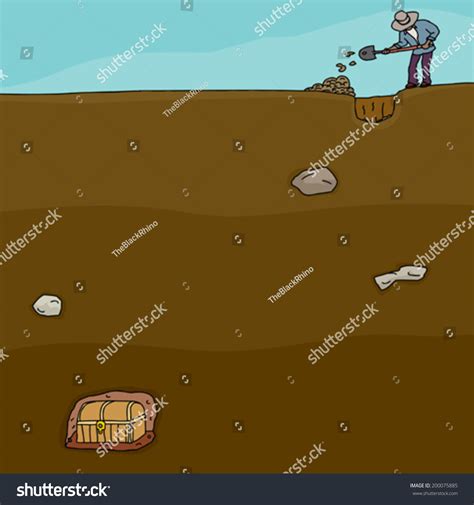 Cartoon Man Digging Buried Treasure Chest เวกเตอร์สต็อก ปลอดค่า