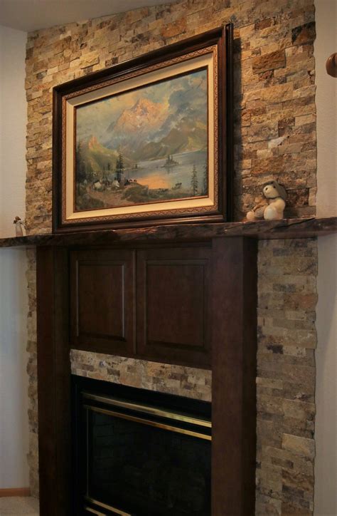 Stacked Stone Fireplace With Cherry Wood Mantel French Creek Designs