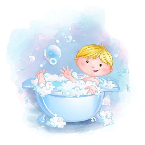 Menino Bonitinho Toma Banho Em Uma Banheira Com Espuma E Sabão E Bolhas