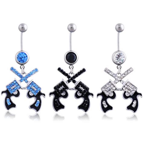 1 Pc Double Gun Crystal 316l Surgical Steel Dangle Belly Button Rings Navel Piercing Body
