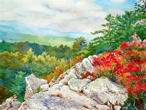 Mountain View From Rocky Cliff With Fall Colors Painting By Mira Fink