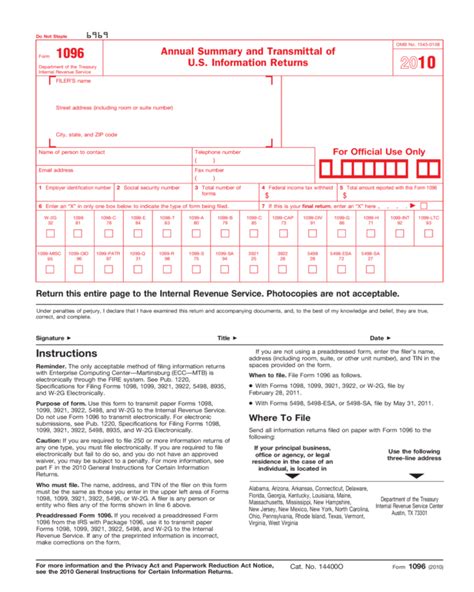 Information returns) is an internal revenue service (irs) tax form used in the united states used to summarize information returns being sent to the irs. 2010 Form 1096 - Edit, Fill, Sign Online | Handypdf