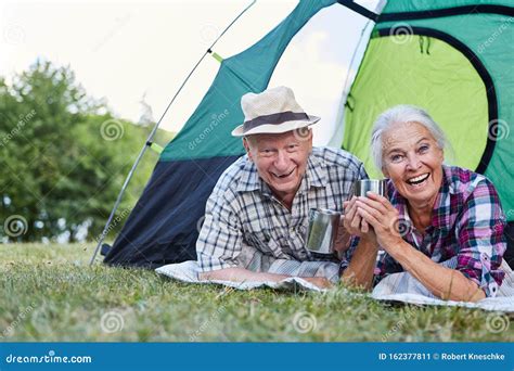 Laughing Couple Seniors On Camping Holiday Stock Image Image Of