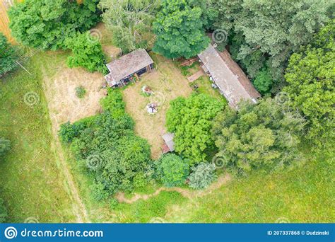 Aerial View Of Secluded Cottage In The Woods Log Cabin In The Forest