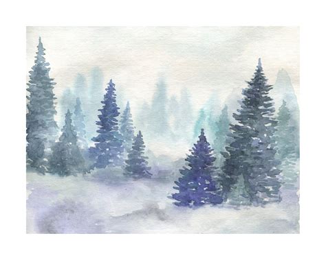 Watercolor Blue Pine Trees Snowy Landscape Print Printable Etsy