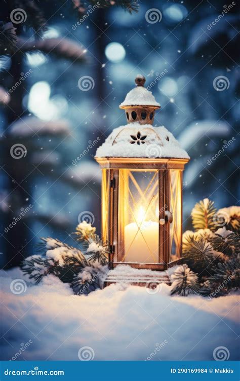 Old Christmas Candle Lantern In Snowfall Against Blurred Forest