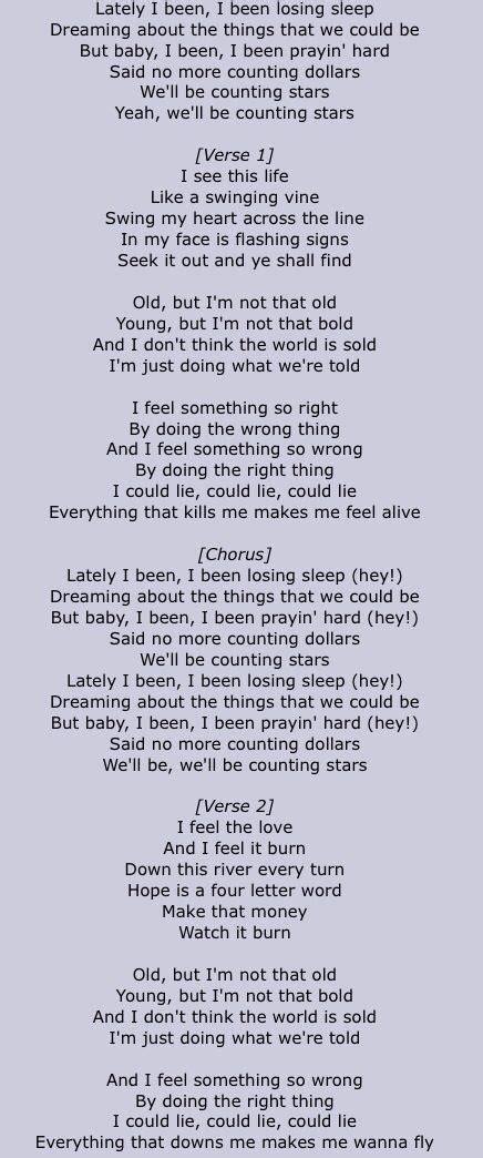 OneRepublic Counting Stars Part Counting Stars Lyrics Music Quotes Lyrics Song Sheet