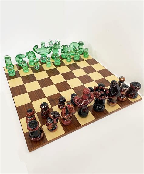 Art Glass Murano Chess Set And Inlaid Wood Board For Sale At Stdibs