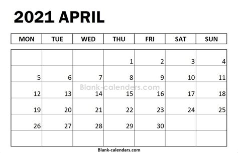 Blank April Calendar 2021 Monday Start February Calendar July