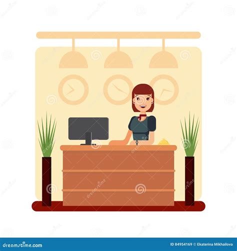 Flat Hotel Reception Desk With Young Woman Receptionist Girl Manager