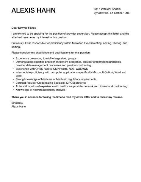 Provider Supervisor Cover Letter Velvet Jobs
