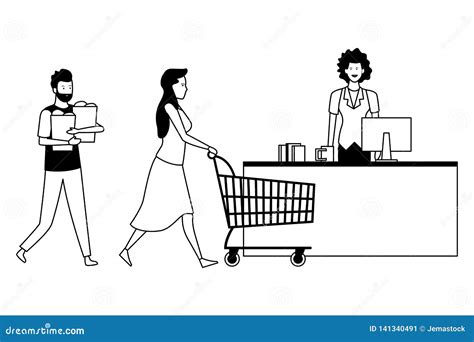 Supermarket Cash And Customers With Shopping Cart In Black And White
