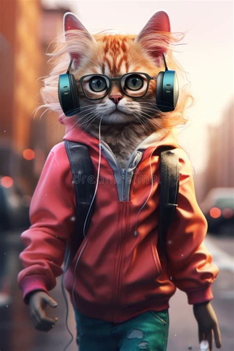 Anthropomorphic Cat Wearing Headphones And With A Smartphone In His