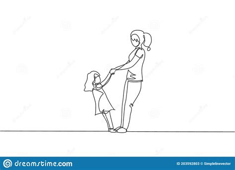 Single Continuous Line Drawing Of Young Mother And Her Daughter Holding
