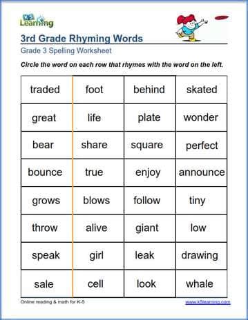 English as a second language (esl) grade/level: Rhyming words for grade 3 | K5 Learning