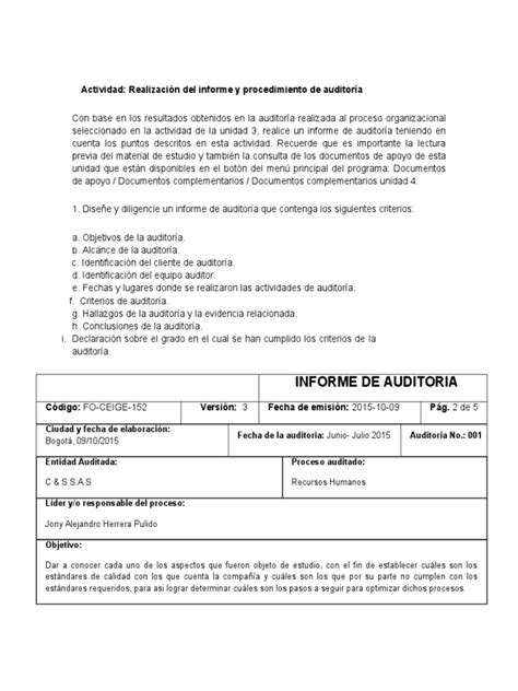 Unidad 4 Informe De Auditoria Sena Pdf Contralor Calidad Comercial