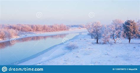 Beautiful Winter Landscape With River Stock Photo Image