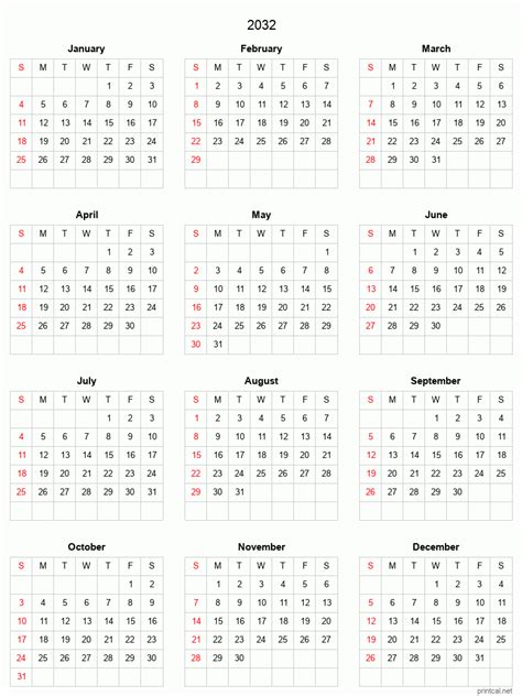 2032 Printable Calendar Full Year Calendar Grid Style
