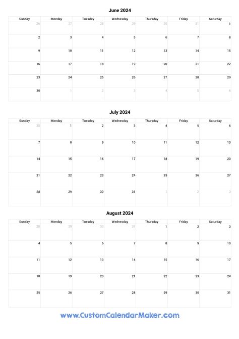 June To August 2024 Calendar Printable