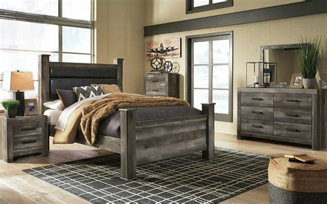 Modern Rustic Gray 5 Piece Bedroom Set W Queen Size Upholstered Poster
