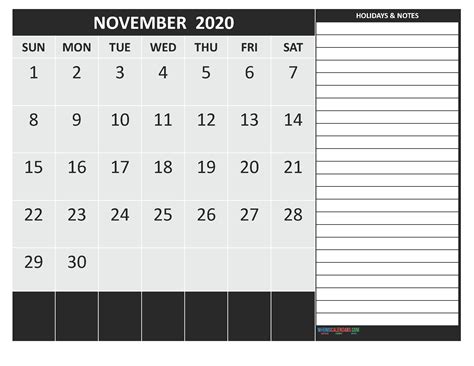 November 2020 Calendar With Holidays Free Printable Free Printable