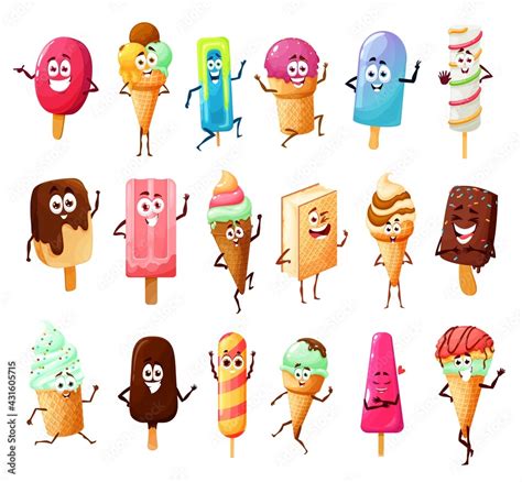 Cute Ice Cream Cartoon Characters Of Vector Summer Dessert Food